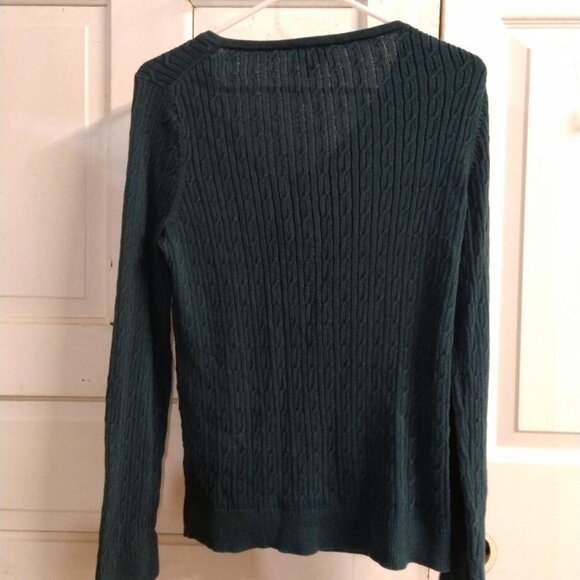 Talbots Pima Cotton Classic Cable V-Neck Sweater L- Teal - Picture 4 of 9